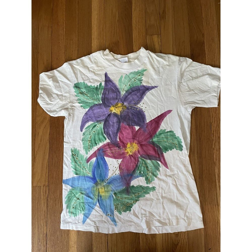 St Thomas Floral Vtg Design Shirt Size L White Short Sleeve‎ Vacation Carribbean